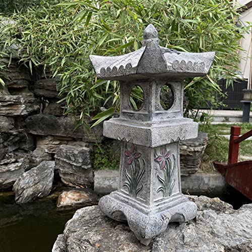 23.6’’High Asian Orchid Pagoda Statue Solar-Powered LED Light Miniature Tower Lantern Garden Decoration Figurines Solar Lamp Outdoor Japanese Decoration Zen Courtyard Landscape
