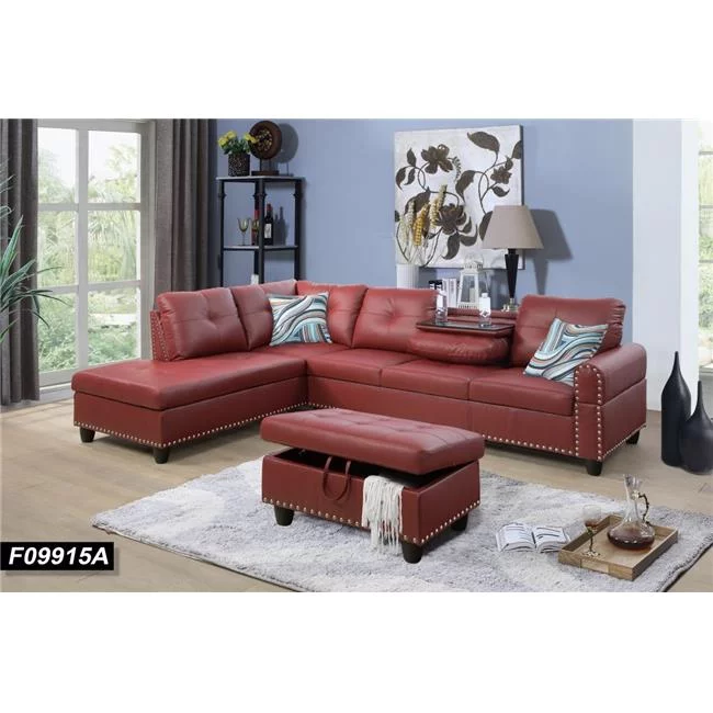 Beverly Fine Funiture F09915A Sectional Couch Sofa Set with Ottoman Left Facing Build-in Coffee Table Red Faux Leather - 3 Piece