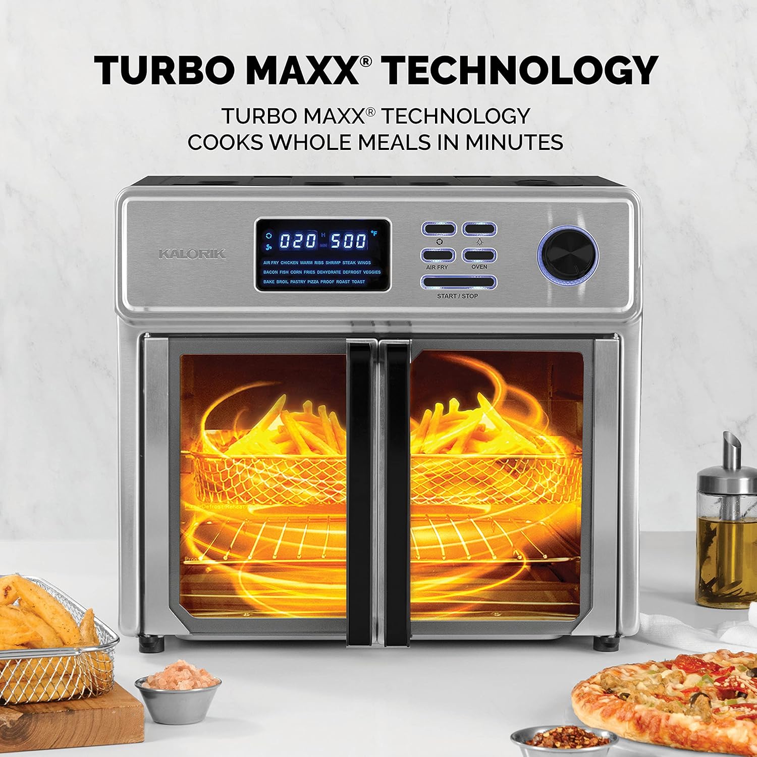 Kalorik MAXX® Complete Digital 26-Quart 10-in-1 Countertop Air Fryer Oven, 15 Deluxe Accessories & 60-Recipe Hardcover Cookbook, 21 Presets, 1700W, Stainless Steel, AFO 50253 OW