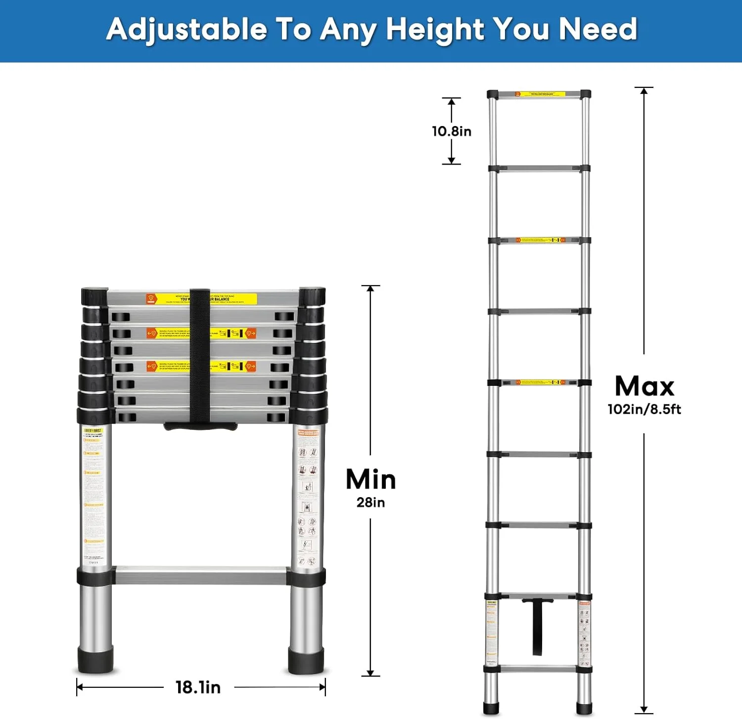 Telescoping Ladder, 12.5FT Aluminum Telescopic Extension Ladder with Non-Slip Feet, Multi-Purpose Collapsible Ladder for RV or Outdoor Work,330lbs Capacity