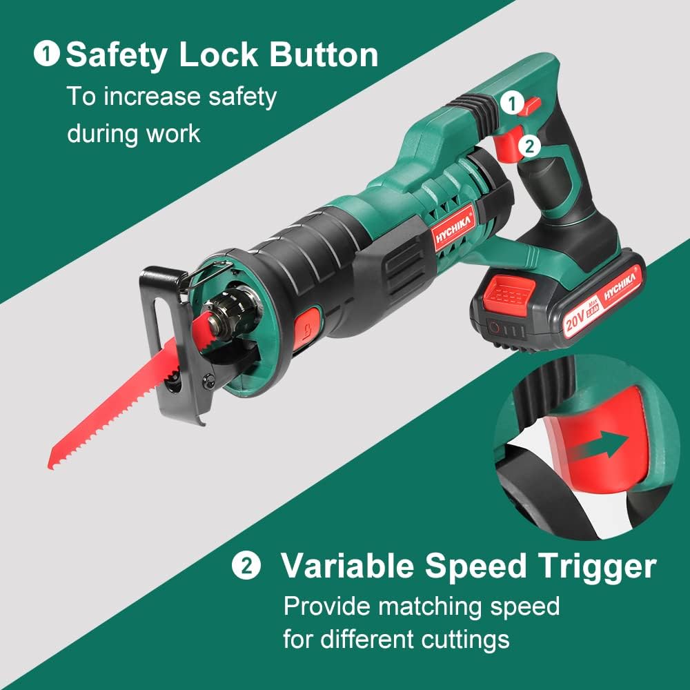 HYCHIKA Cordless Reciprocating Saw 20V 2Ah 2 Batteries 4 Saw Blades, 0-2800SPM Variable Speed, 7/8 Stroke Length Tool-Free Blade Change LED Light for Wood Metal Cutting Pruning