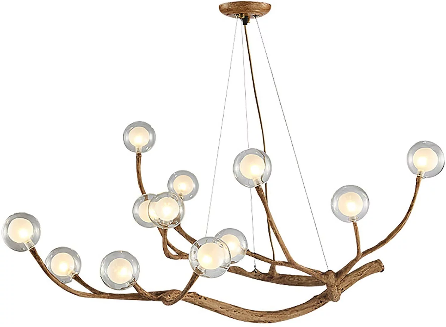 Miumaeov Modern Wood Branch Chandelier, 12 Lights Glass Bubble LED Pendant Ceiling Light, Adjustable Hanging Vintage Flush Mount Ceiling Light Fixture
