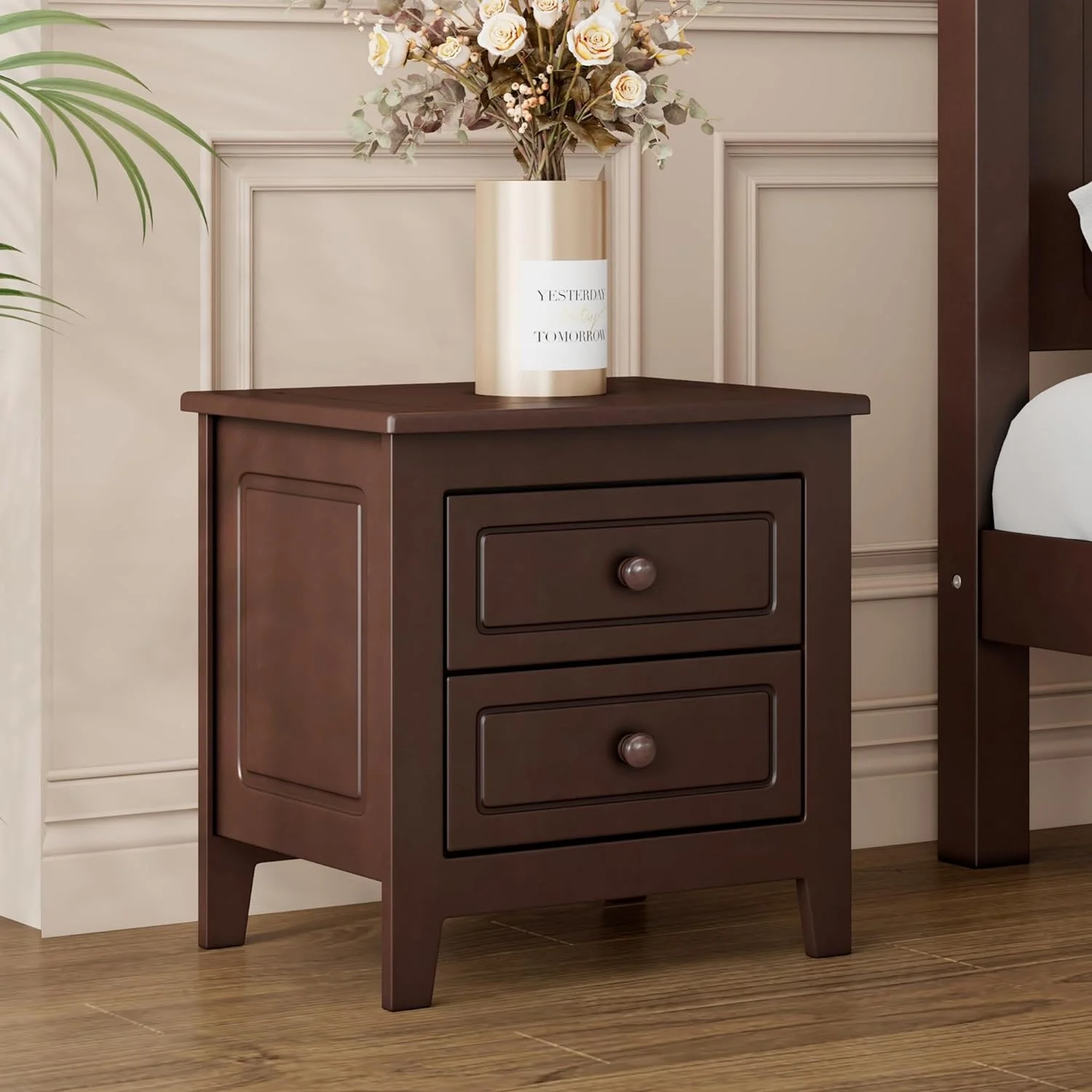 Nightstand With 2 Storage Drawers, Solid Wood Classical End Table Side Table For Bedroom, Living Room, Office, Dark Walnut