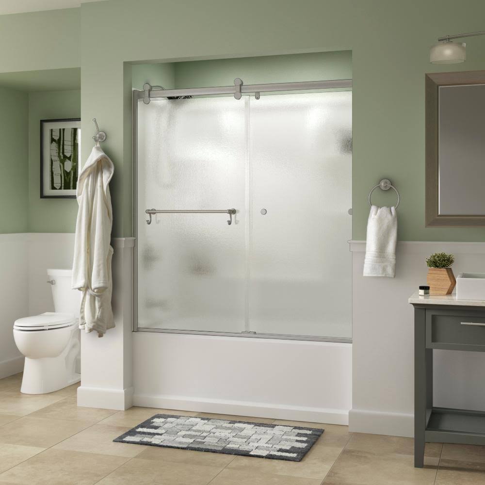 Delta Portman 60 x 58-3/4 in. Frameless Contemporary Sliding Bathtub Door in Nickel with Rain Glass