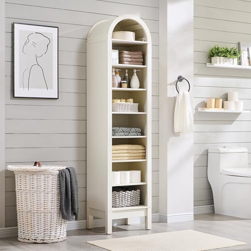 71" Tall Arched Bookshelf, 7 Tiers Arch Bookcase with Storage, Modern Farmhouse Book Shelf with Adjustable Shelves, Wood Bookshelf w/Open Display Shelves for Living Room, Office (Natural)