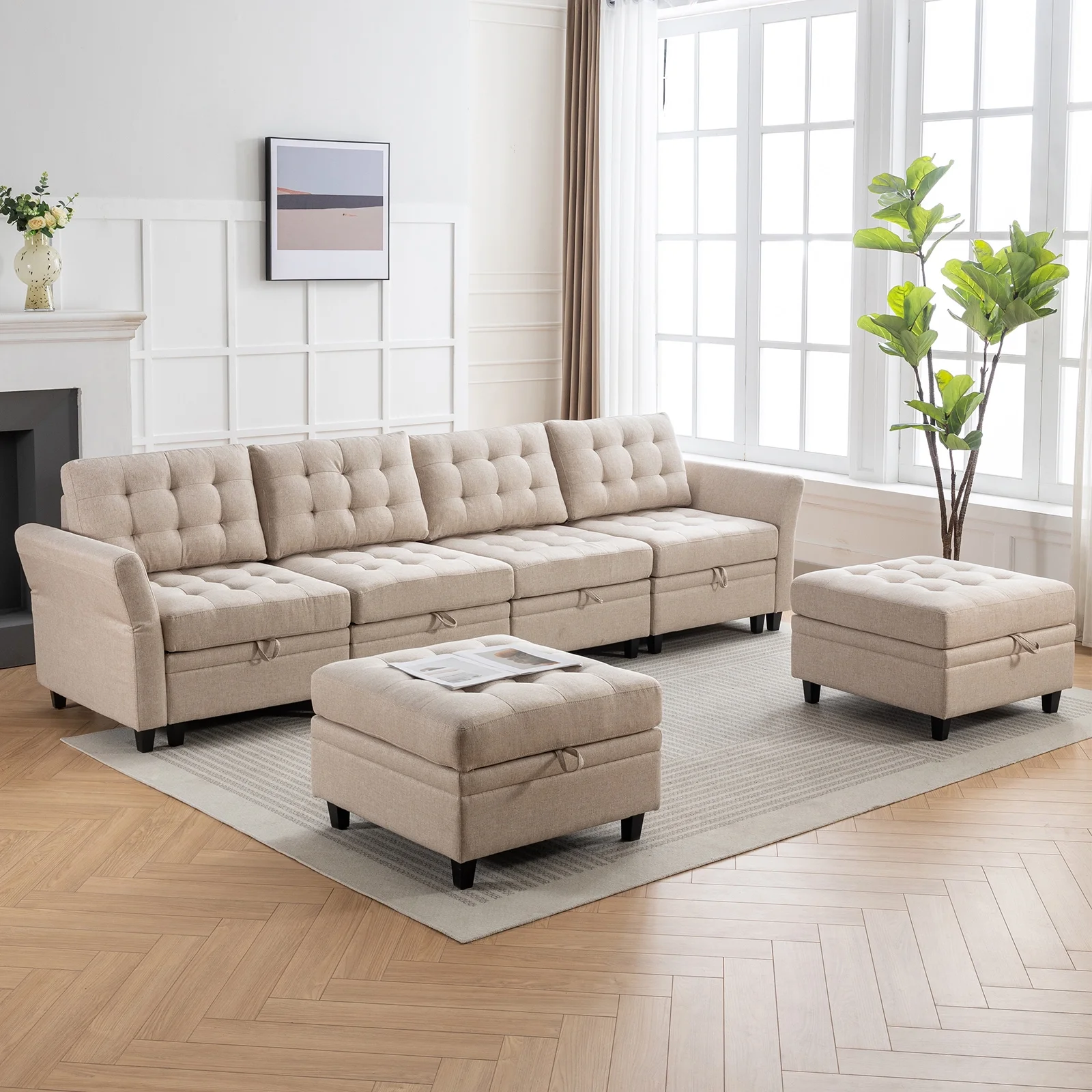 ijuicy Modern U/L Shaped Sectional Sofa Set with Storage Ottoman ,Oversized 6-Seat Modular Sofa Couch with Adjustable Armrest for Living Room,Beige