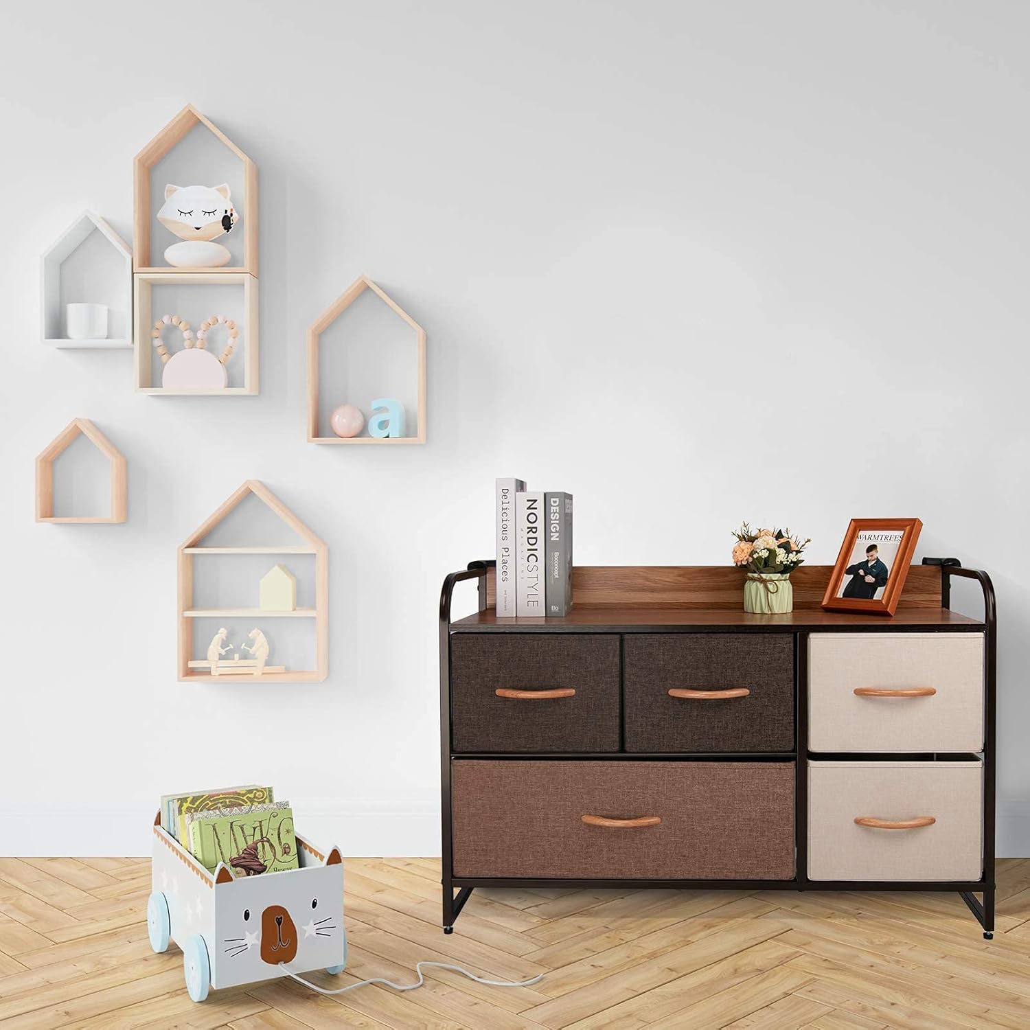 CONNOO Large Storage Dresser Unit, Wide Standing Fabric Dresser Room Organizer Cabinet for Bedroom, Hallway, Entryway, Closet, Nursery, 5 Removable Drawers Storage Tower, Wooden Top & Easy Pull Handle