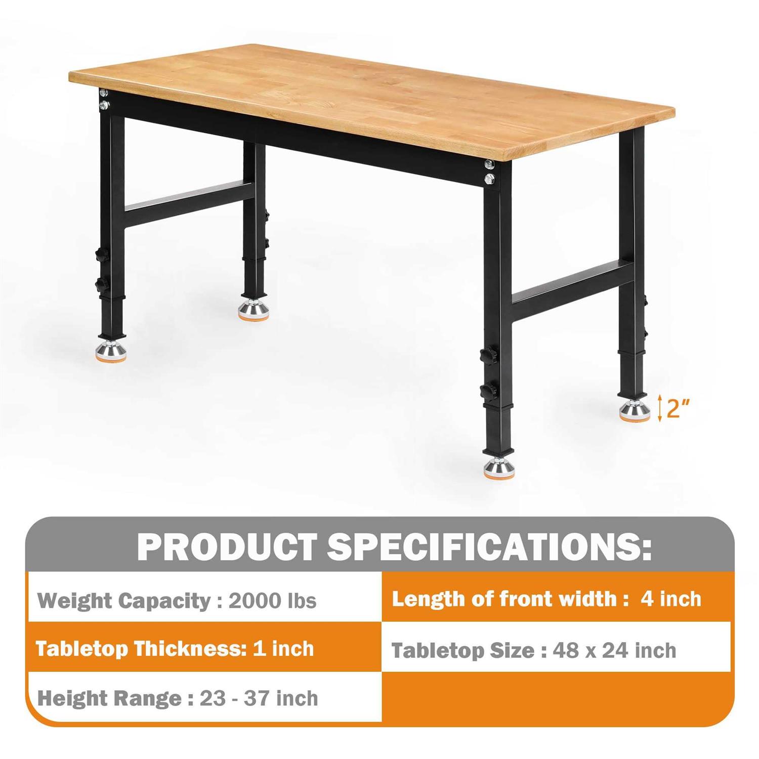 Betterhood 48 Heavy-Duty Adjustable Workbench for Garage Rubber Wood Shop Table W/Rubber Pads - Shop Hardware Tools Online Store