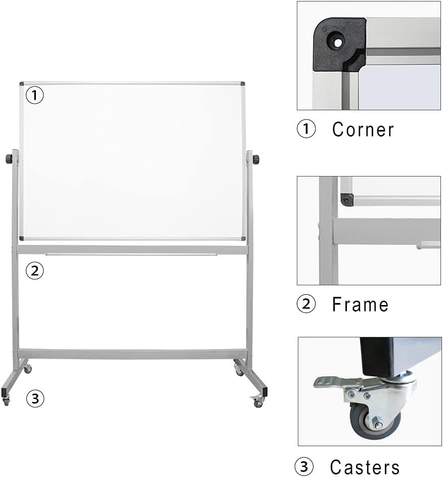Mobile Whiteboard, Rolling Double Sided Dry Erase Board, Magnetic White Board with Metal Frame, 36 x 60 Inch, Heavy Stable Metal Frame