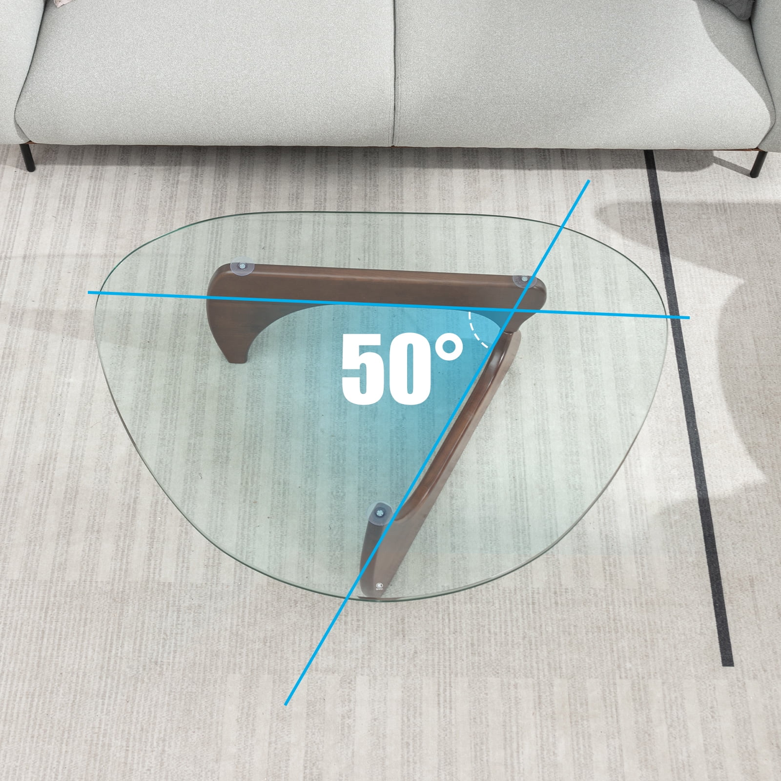 Mjkone Noguchi Triangle Glass Coffee Table ,Tempered Glass Coffee Table with Solid Dark Walnut Base，Coffee Table with Tempered Glass Top  for Living Room  (19mm Glass Top)
