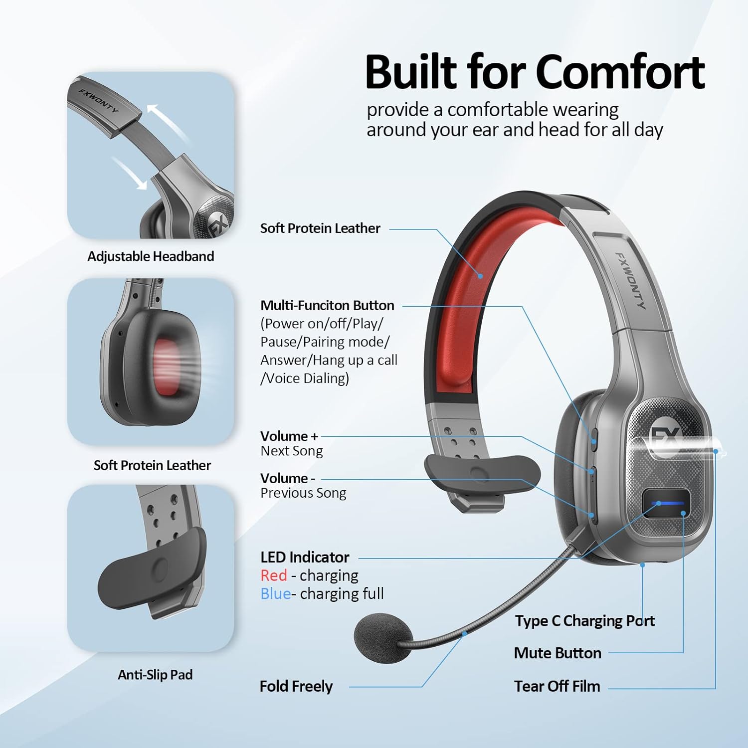 FXWONTY Bluetooth Headset, Trucker Bluetooth Headset with Microphone Noise Canceling & Mute Button, On-Ear Bluetooth 5.0 Multipoint Headphones for Home/Zoom/Teams/Call Center/Online Class/Office