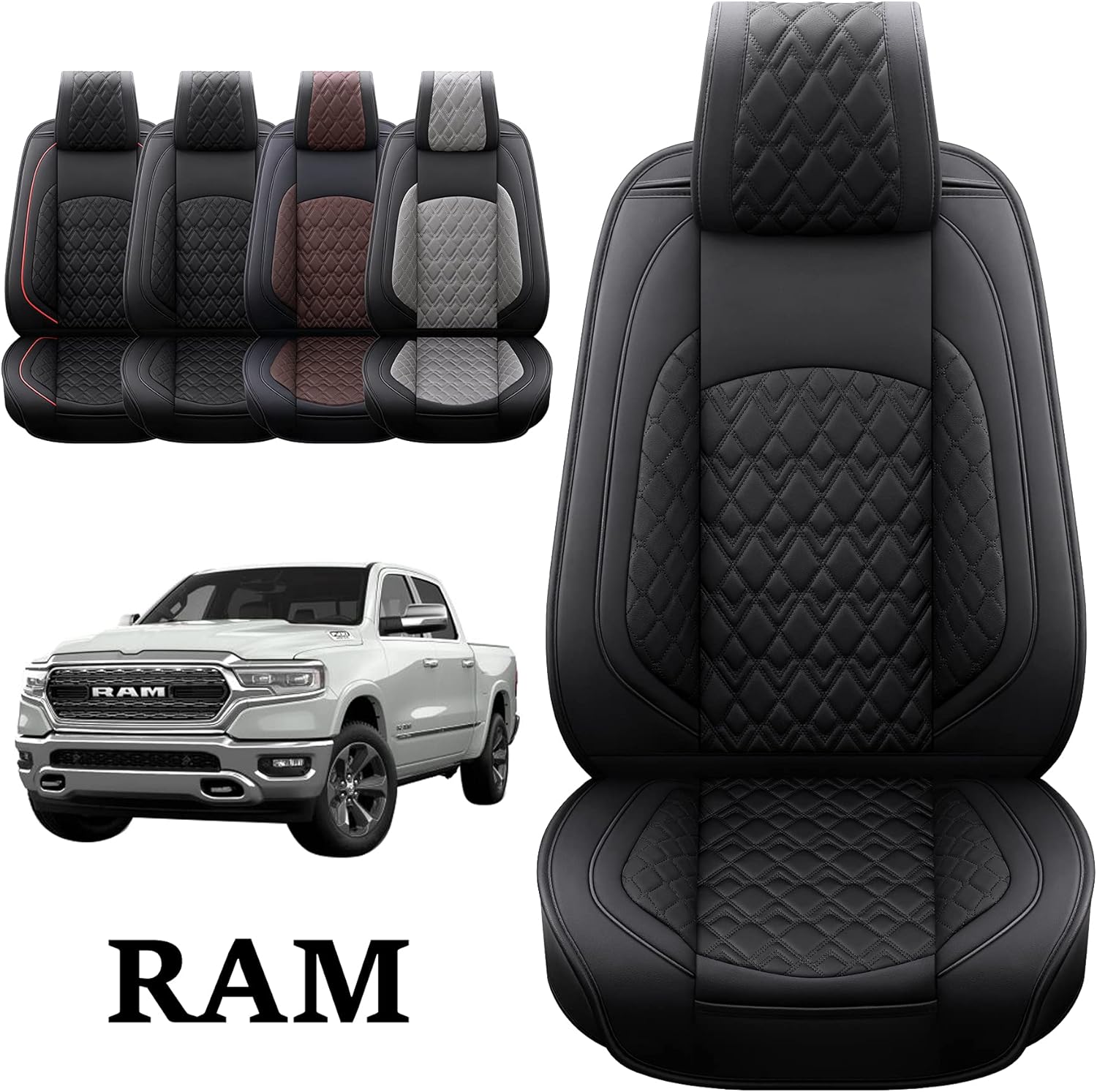 JOJOBAY Car Seat Covers for Dodge Ram 2 Pcs Front,Fit Ram 2009-2022 1500/2500/3500 Pick-up Truck,Crew,Regular,Quad,Mega Cab,Waterproof Synthetic Leather Seat Covers Protectors（2 PCS Front,Black-Grey）