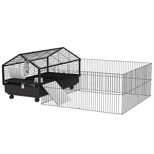 PawHut Small Animal Cage with Foldable Run Area, Rolling Bunny Cage, Guinea Pig Cage, Hedgehog Cage with Water Bottle, Water Bowl, and Ramps, 46.5" - Curated Treasures Market