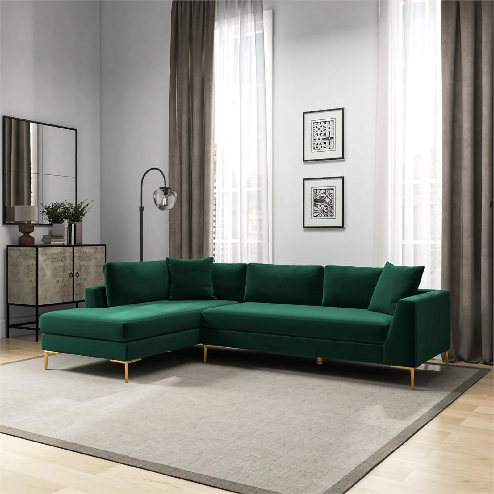 Pemberly Row Mid-Century Velvet L-Shaped Left-Facing Sectional in Green