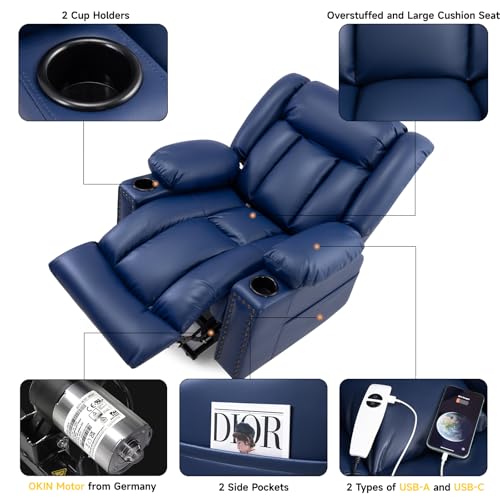 Large Power Lift Chairs Recliners for Elderly with Heated and Massage, Overstuffed Adjustable Lift Chairs, 3 Positions, Breathable Leather, USB-A and USB-C, Cup Holder, Side Pocket Dark Brown