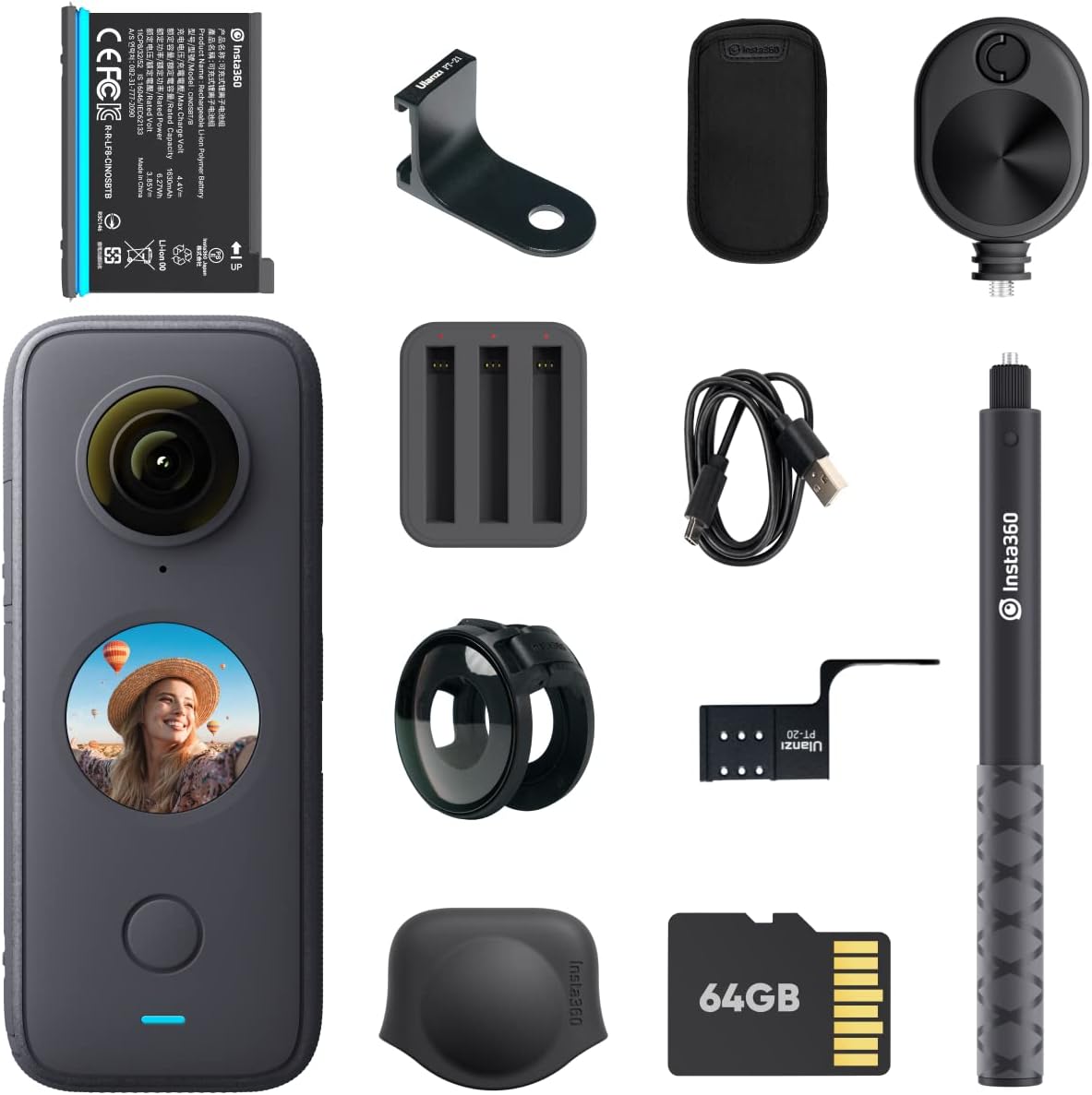 Insta360 ONE X2-360 Degree Waterproof Action Camera, 5.7K 360, Stabilization, Touch Screen, AI Editing, Live Streaming, Webcam, Voice Control (Ultimate Kit)