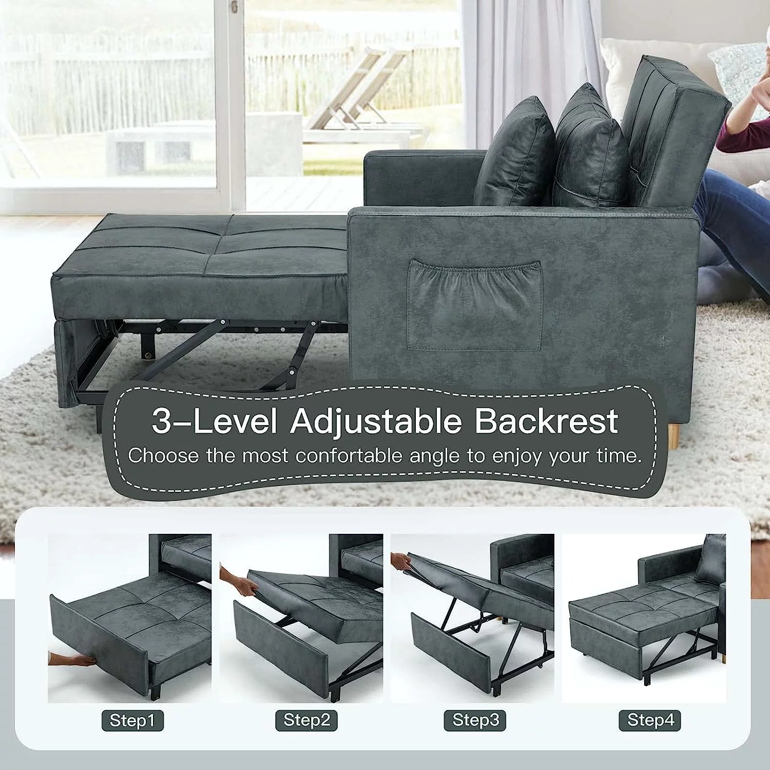 AECOJOY 3-in-1 Convertible Chair Bed Sleeper & Futon Sofa Bed Chair with Adjustable Backrest and 2 Pillows-Bronze Green