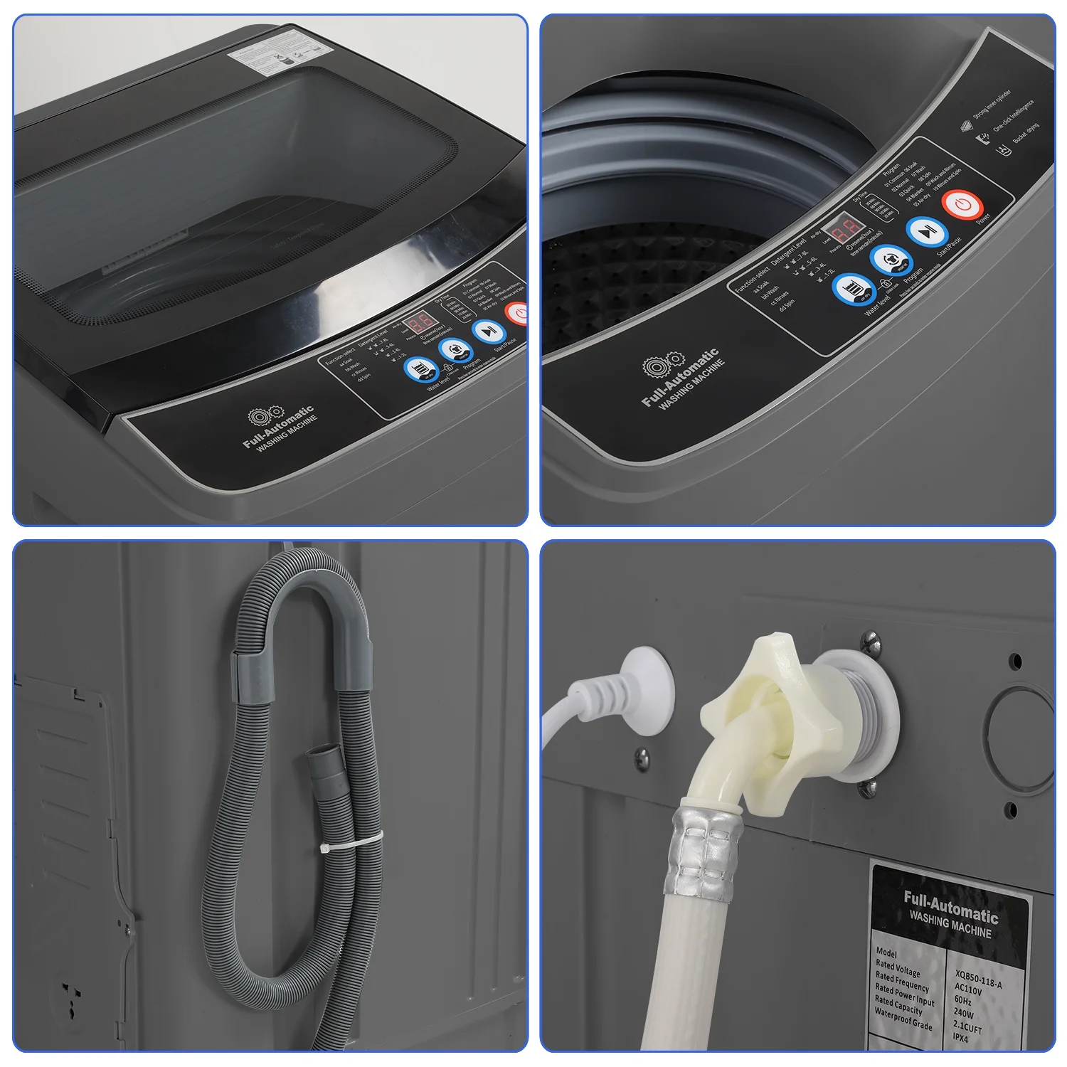 Qhomic 17.8lb Full Automatic Washing Machine, Compact Wahing Machine with Drain Pump, Power Motor 20-Mins Quick Wash, LED Display, Washer and Dryer Combo Low Noise for Apartment Dorm RV Household