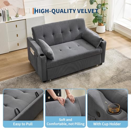 GarveeHome 3 in 1 Convertible Sleeper Sofa Bed, Corduroy Futon Couches with Pull-Out Bed, Adjustable Backrest, Charging Port & Side Pockets, Modern Upholstered Sofa for Living Room, Guest Room