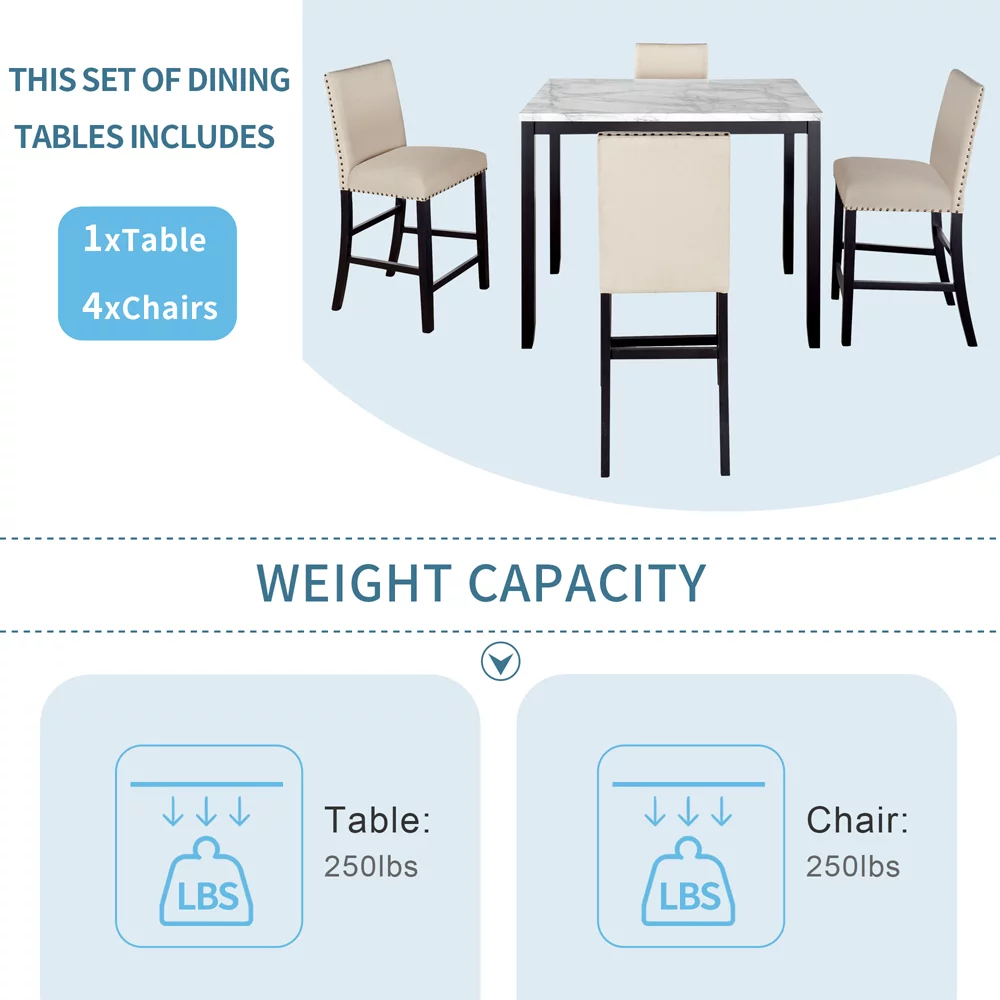 5 Pieces Counter Height Faux Marble Modern Dining Set with 4 Upholstered Chairs for Small Space,Beige