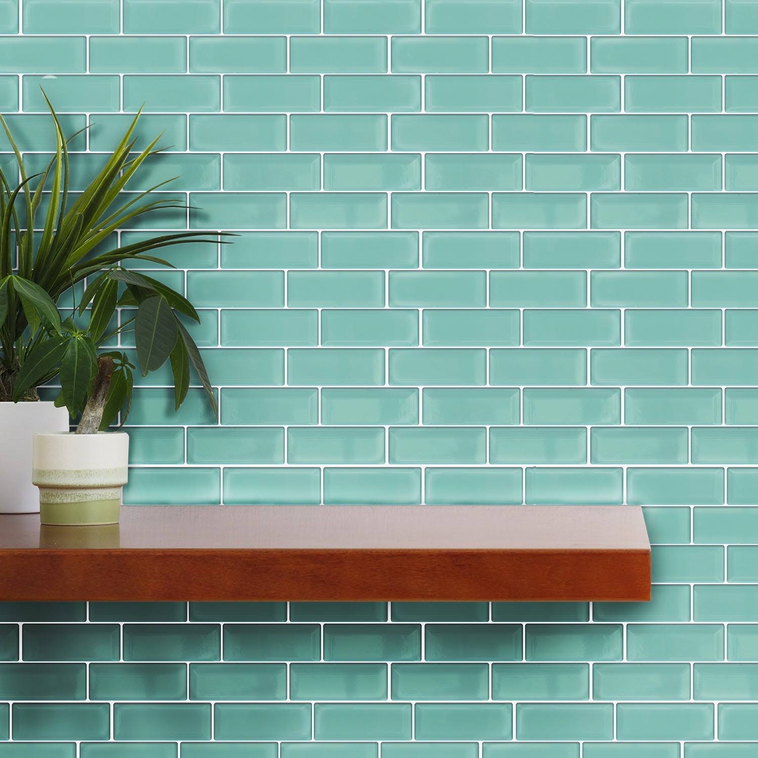 Walplus Capri Sea Glossy 3D Metro Peel and Stick Backsplash Tile Stickers (60pcs - Green)