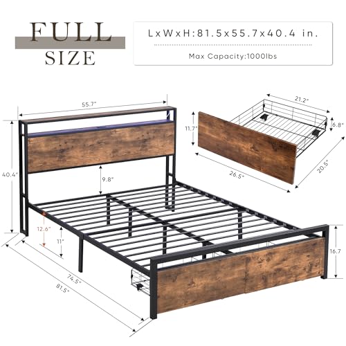Full Bed with Storage Headboard and 2 Drawers, Full Size Bed Frame with LED Lights & Built-in USB Charging Stations, Metal Platform Bed, No Box Spring Needed, Easy Assemble