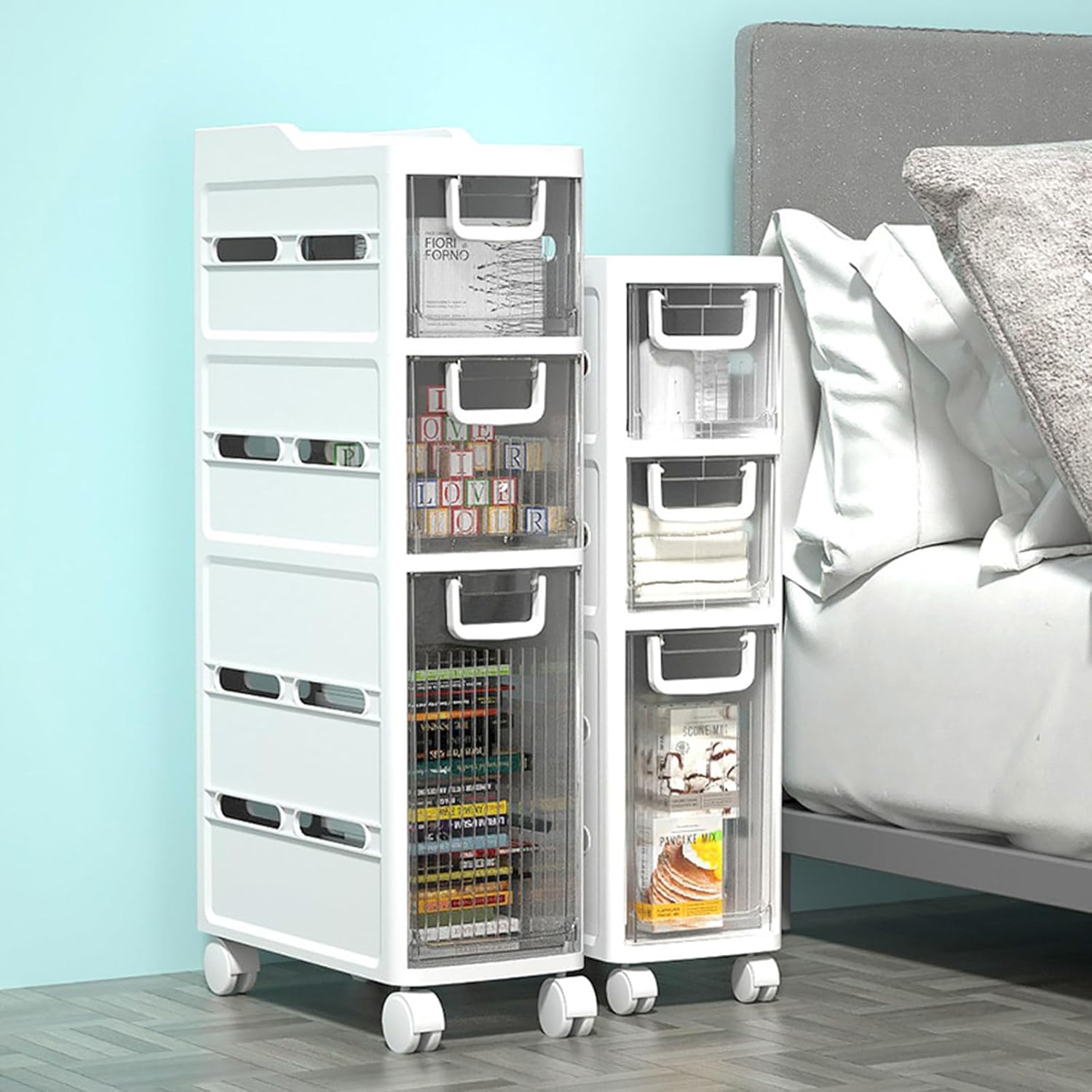 Standing Storage Cabinet 4 Tier Small Spaces Gaps Bathroom Storage Cabinet Side Narrow Organizer with Clear Drawers and Casters Bathroom Floor Cabinet for Kitchen, Bathroom, Bedroo