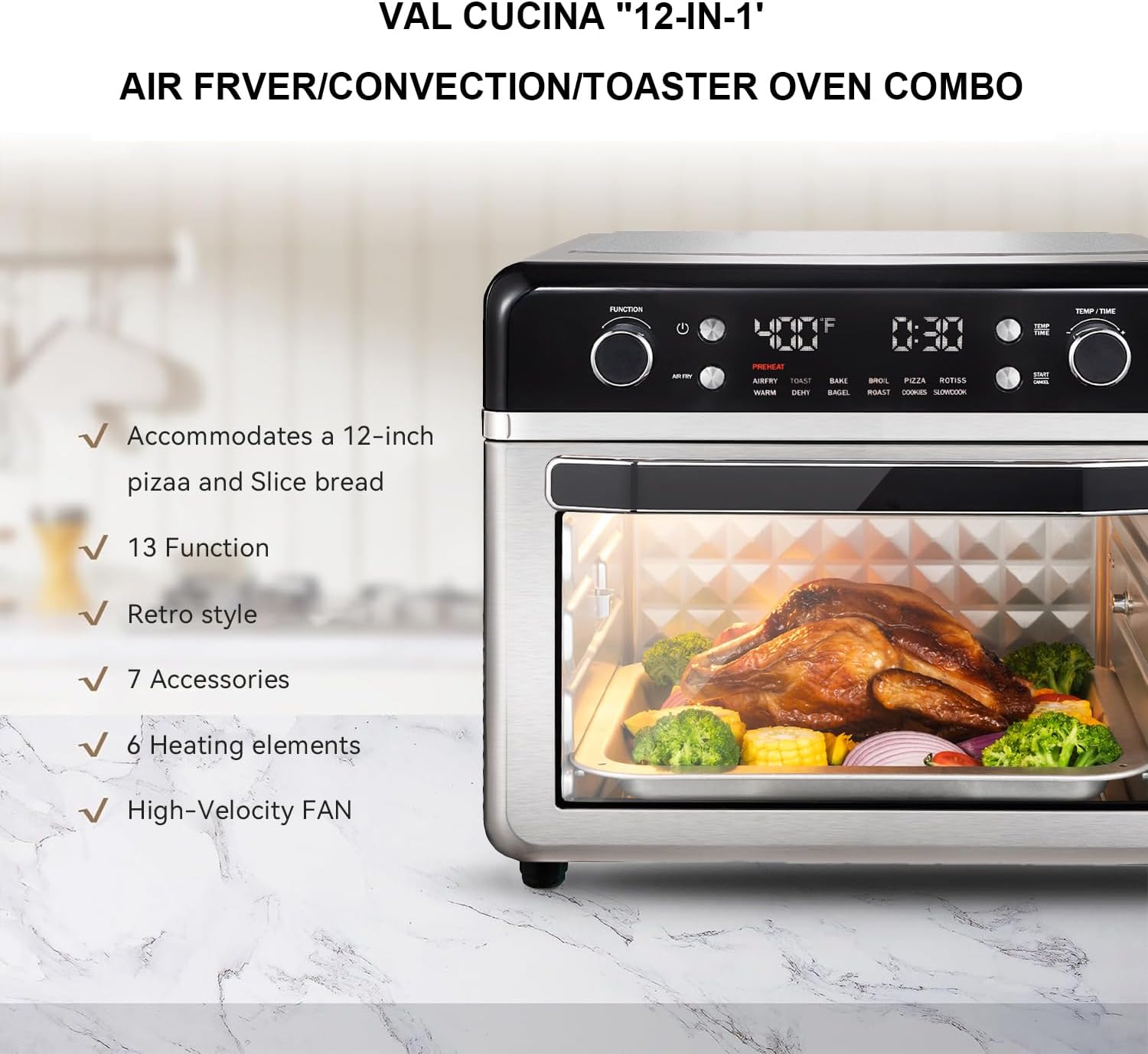 Large27.5QT 12-in-1 Smart Air Fryer Toaster Oven - Multifunctional Convection Countertop Oven Included Accessories and Authentic Chef Recipe Guide