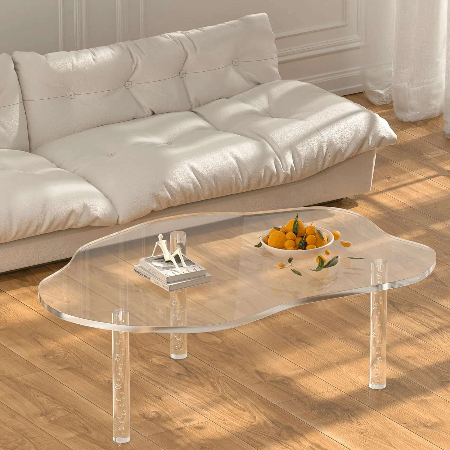RUNFAYBIU Acrylic Cloud Shape Coffee Table  39"x28"x16" Modern Irregular Waterfall Clear Coffee Table  with 3 Solid Bubble Legs for Living Room Home Decor