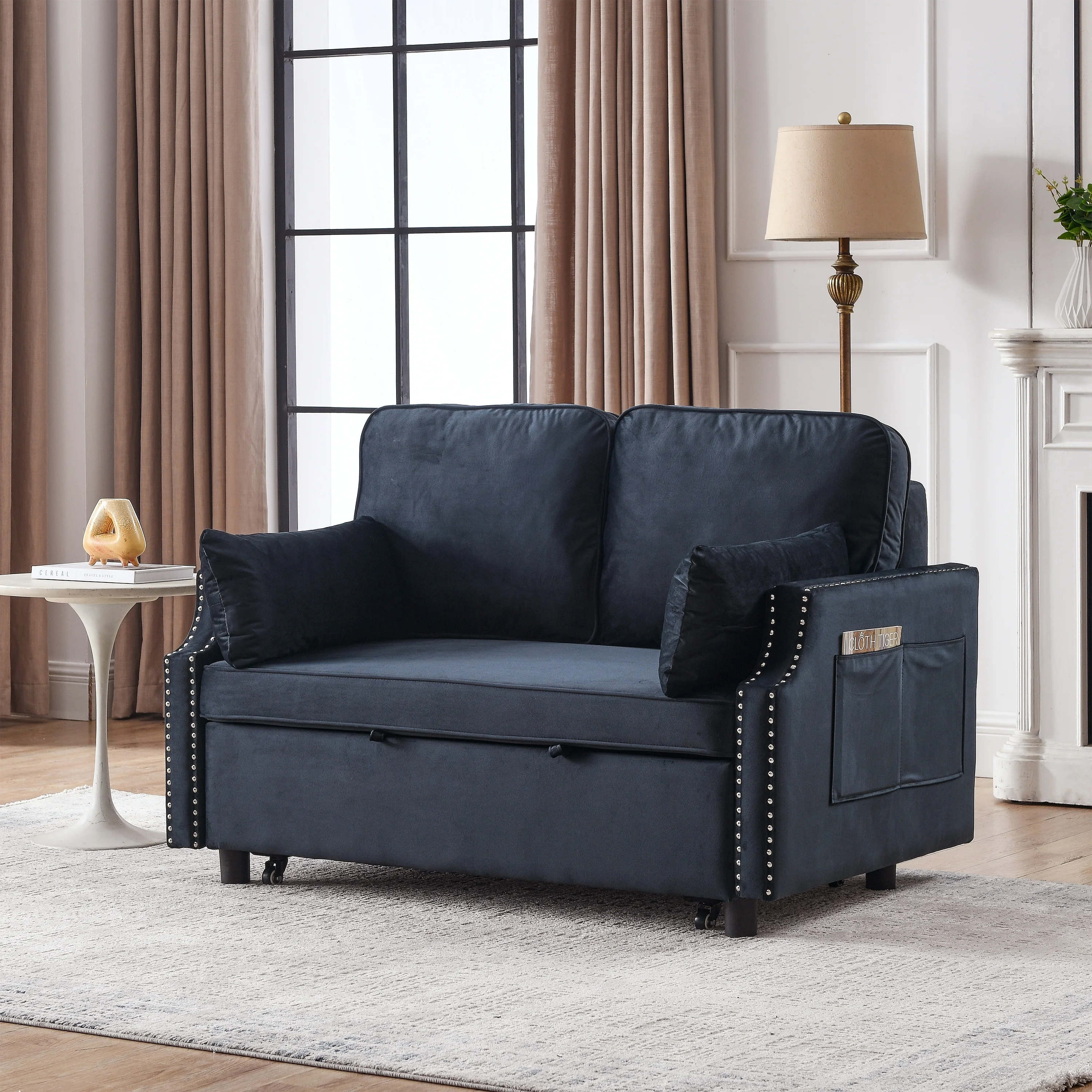 Velvet Upholstered Recliner Bed with Pull-out Sleeper Sofa, Folding Black Loveseat Sofa Bed with Side Pockets for Living Room