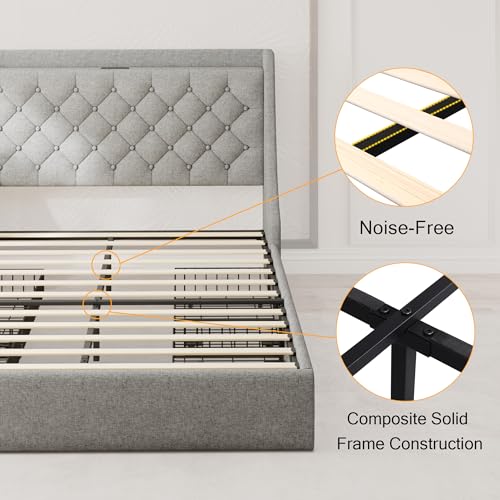 Upholstered Full Size Bed Frame with 4 Storage Drawers, Platform Bed Frame with Wingback Headboard, Charging Station, No Box Spring Needed, Beige