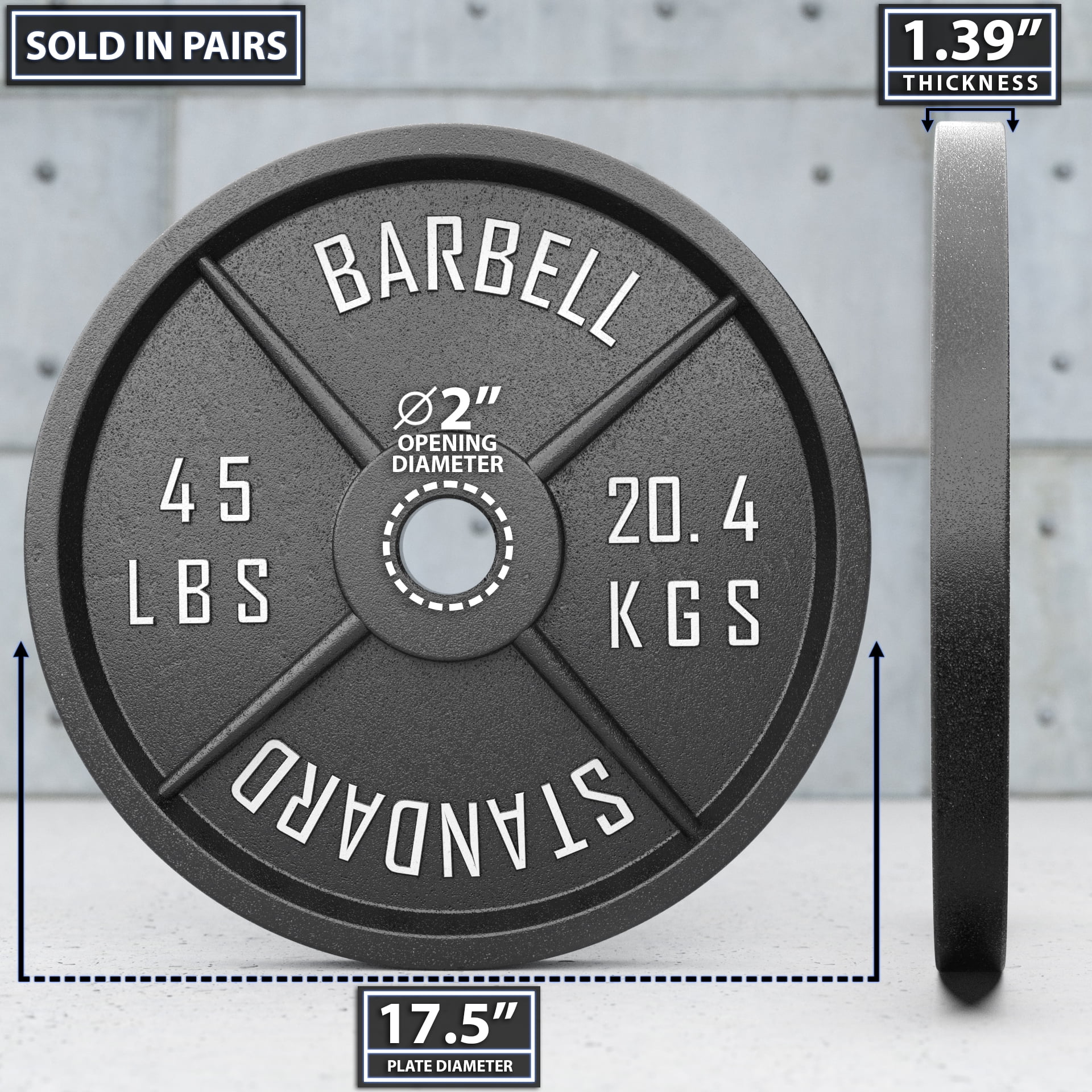 Synergee Standard Metal Weight Plates 45 lb Pair. 2” Opening for Bodybuilding, Olympic & Power lifting workouts. Classic Old School Metal Weighted Plates.