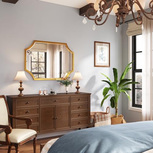 Kelly Miller 30"x40" Large Gold Bathroom Mirror for Wall, Gold Scalloped Vanity Mirror Bevelled Framed Decorative Mirror for Master Bath Half Bath Entrance Hallway Bedroom Living Room Fireplace Mantle