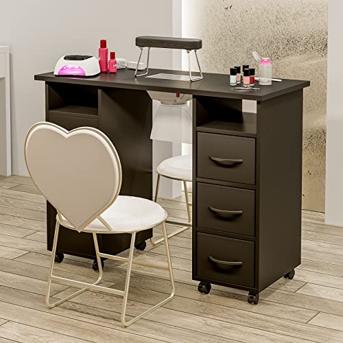 Paddie Manicure Table Nail Desk for Technician, Acetone Resistant Nail Tech Table Nail Table Station w/Dust Collector, Wrist Cushion, Non-Woven Drawers, Lockable Wheels & Cabinet (Black)