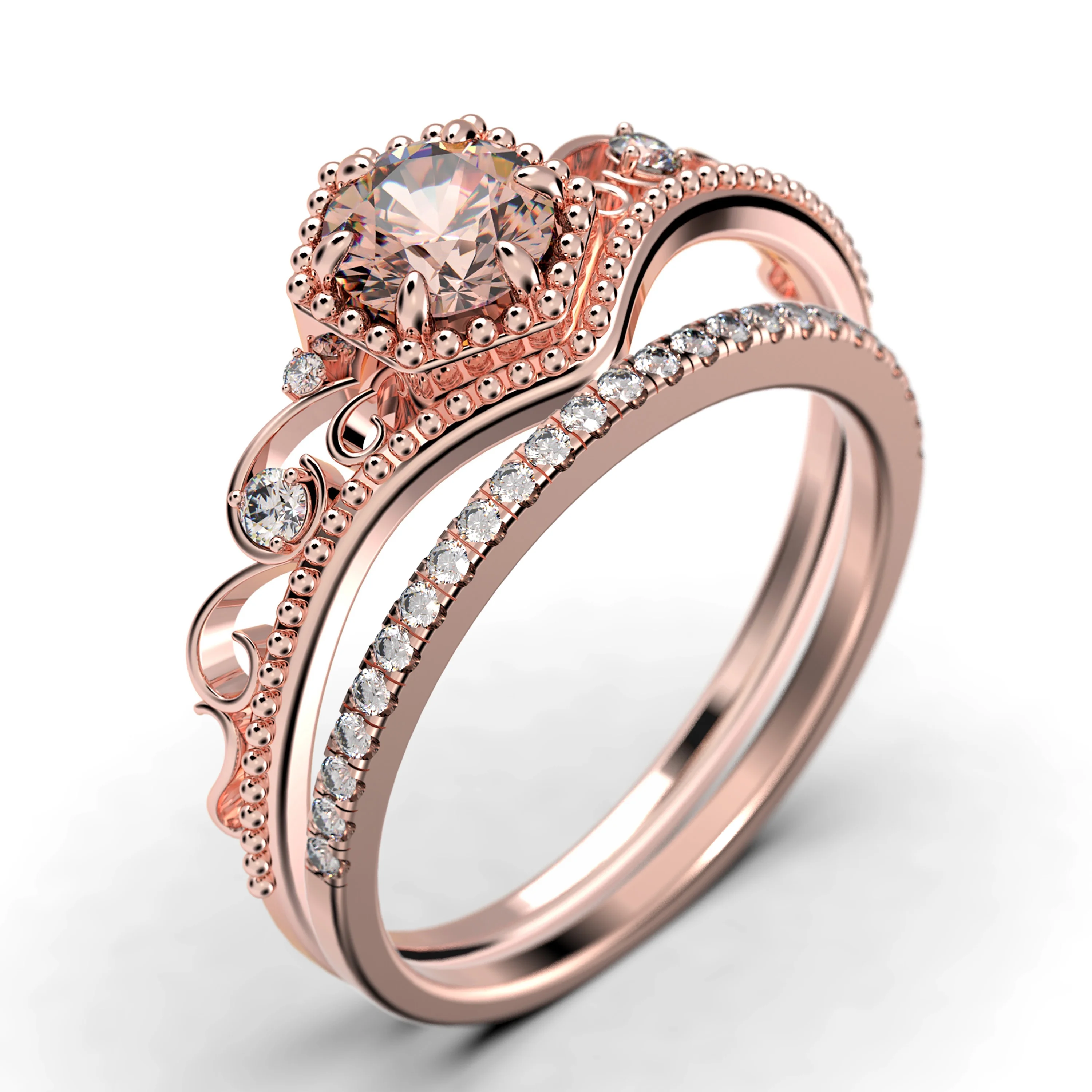 Antique Art Deco 2.00 Carat Round Cut Crown Morganite And Diamond Moissanite Engagement Ring, Wedding Ring, One Matching Band in 925 Sterling Silver With 18k Rose Gold Plating, Promise Ring