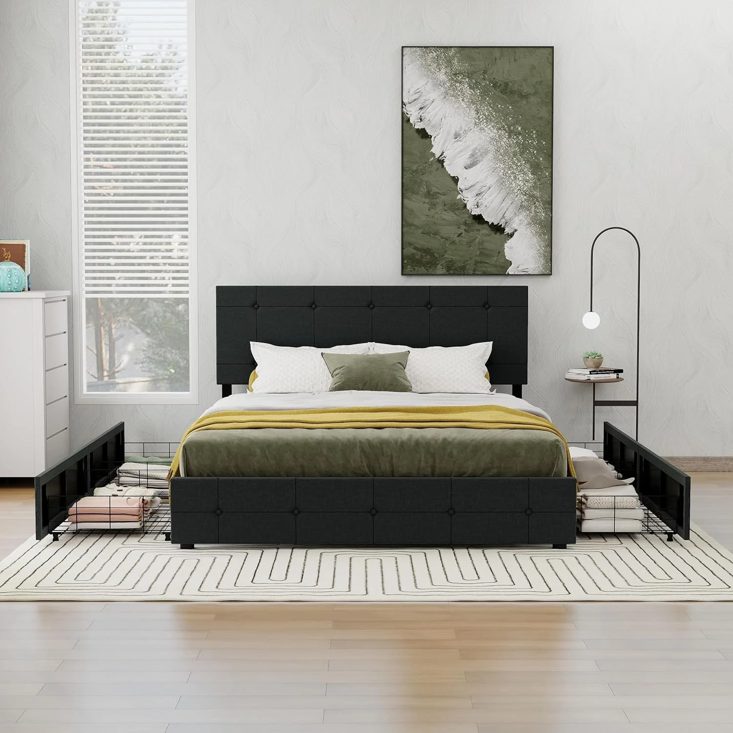 NNV Linen Upholstered Queen Size Platform Bed Frame with 4 Storage Drawers, Black