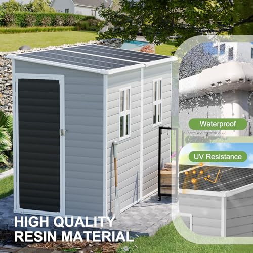 8x6x7 FT Resin Storage Shed, Waterproof Outdoor Storage Shed w/Floor, 2 Windows, Double Lockable Doors & Vents, Tool Shed for Patio Garden, Lawn, Backyard, Dove Grey