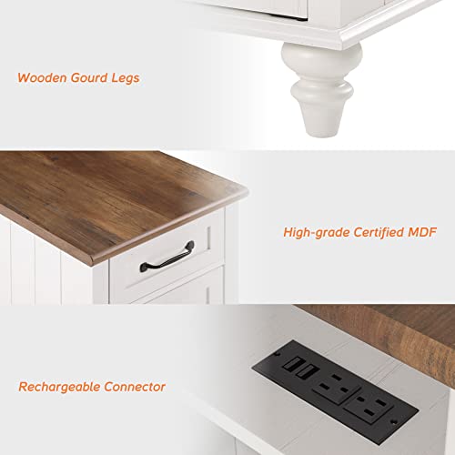 WAMPAT 2 Pack Modern End Table with Charging Station, Side Table with Storage Cabinet for Living Room, Nightstand with Drawer for Bedroom, White/Oak