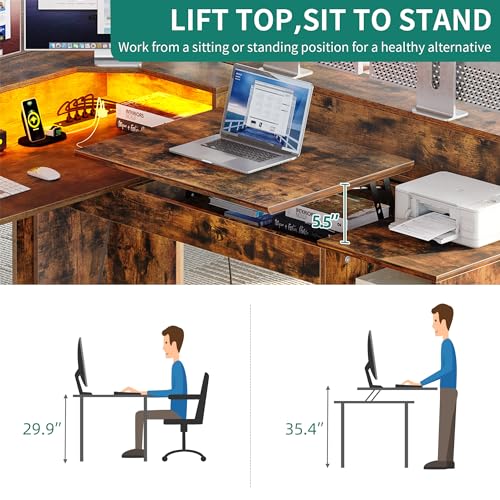 YITAHOME L Shaped Desk with Power Outlets & LED Lights, 60” Computer Desk with Drawers & Lift Top, Home Office Desk with Monitor Stand, Height Adjustable Desk with File Cabinet, Grey