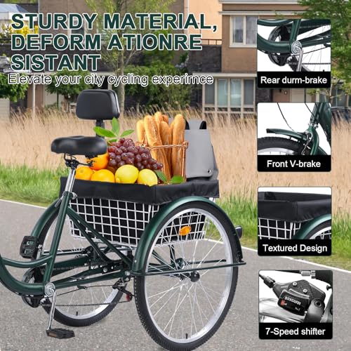 Versatile 24/26-Inch 3-Wheel Adult Tricycle with 7-Speed Gearing and Spacious Basket for Comfortable Riding and Storage for Recreation, Shopping, Picnics