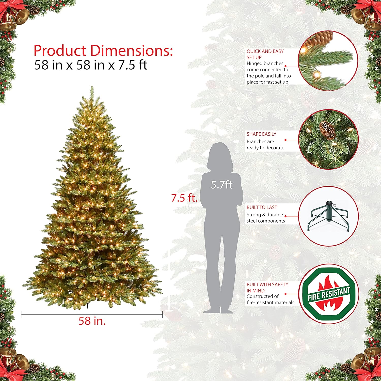 Puleo International 7.5 Foot Pre-Lit Fraser Fir Artificial Christmas Tree with 750 Clear Lights, Green