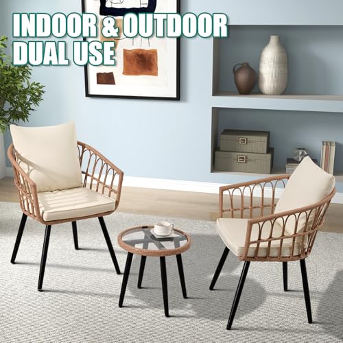 3 Pieces Patio Bistro Set, Outdoor Wicker Table and Chairs Set of 2, Rattan Balcony Furniture Set with Cushions for Front Porch Apartment Backyard Deck,Beige