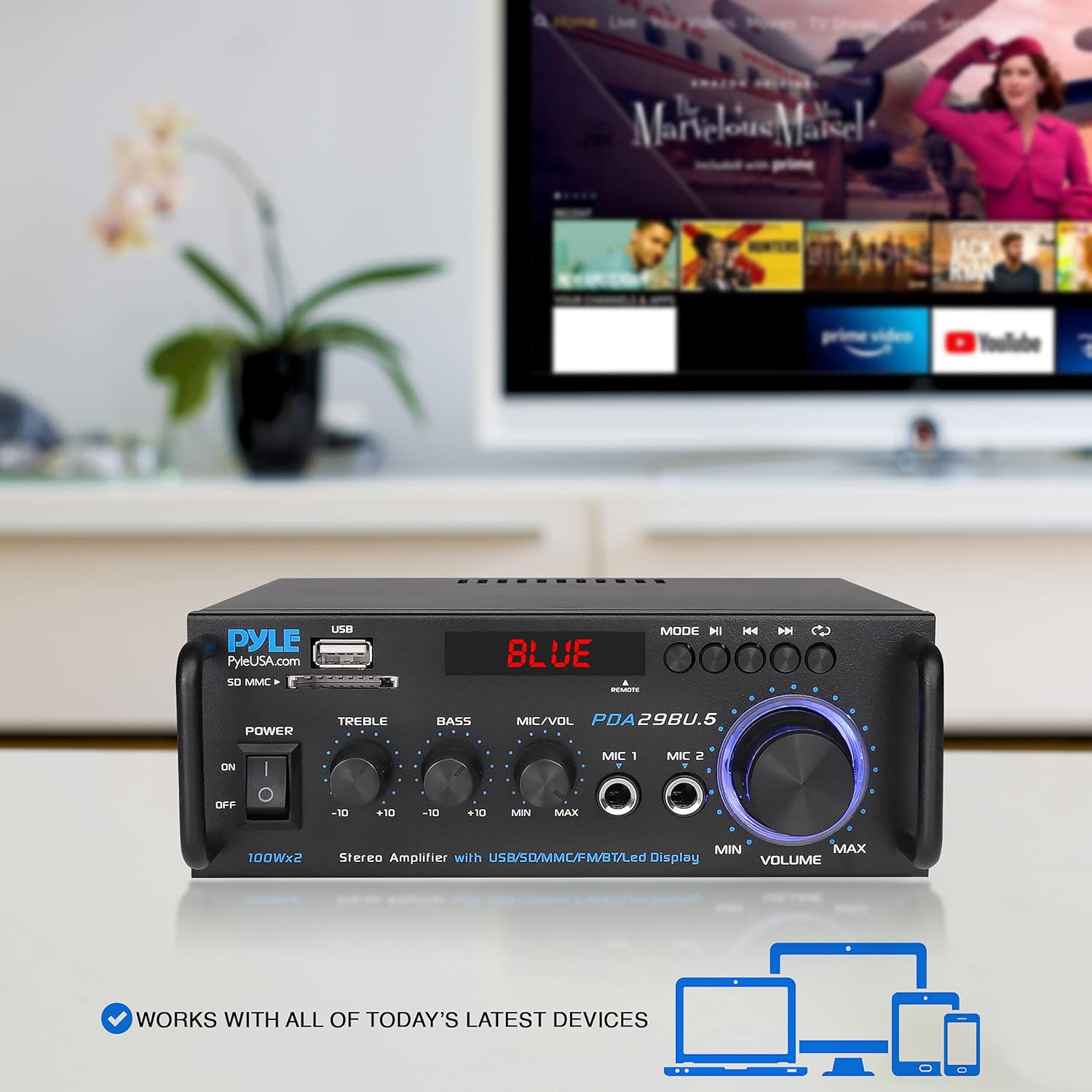 Pyle Wireless Bluetooth Stereo Power Amplifier - 200W 2 Channel Audio Stereo Receiver USA Warranty w/RCA, USB, SD, MIC in, FM Radio, for Home Theater Entertainment via RCA, Studio Use - Pyle PDA29BU Pack of 2