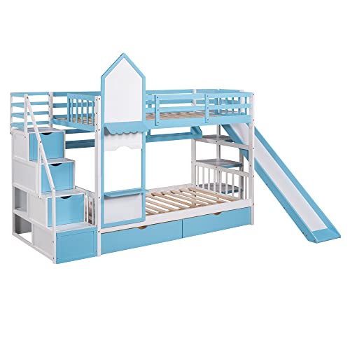 Twin Over Twin Floor Bunk Bed, Ladder with Storage, Wood Bunk Bed, Gray ，Queen Bed