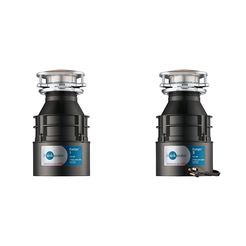 InSinkErator Garbage Disposal, Badger 1, Standard Series, 1/3 HP Continuous Feed, Black & Garbage Disposal with Power Cord, Badger 5, Standard Series, 1/2 HP Continuous Feed, Black