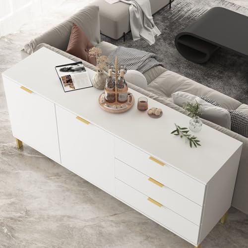 MOUMON Sideboard Storage Cabinet with Drawers and Doors, Credenza Sideboard Buffet, Gold Metal Frame Legs, for Kitchen Hallway White (62.9”W x 15.7”D x 27.5”H)