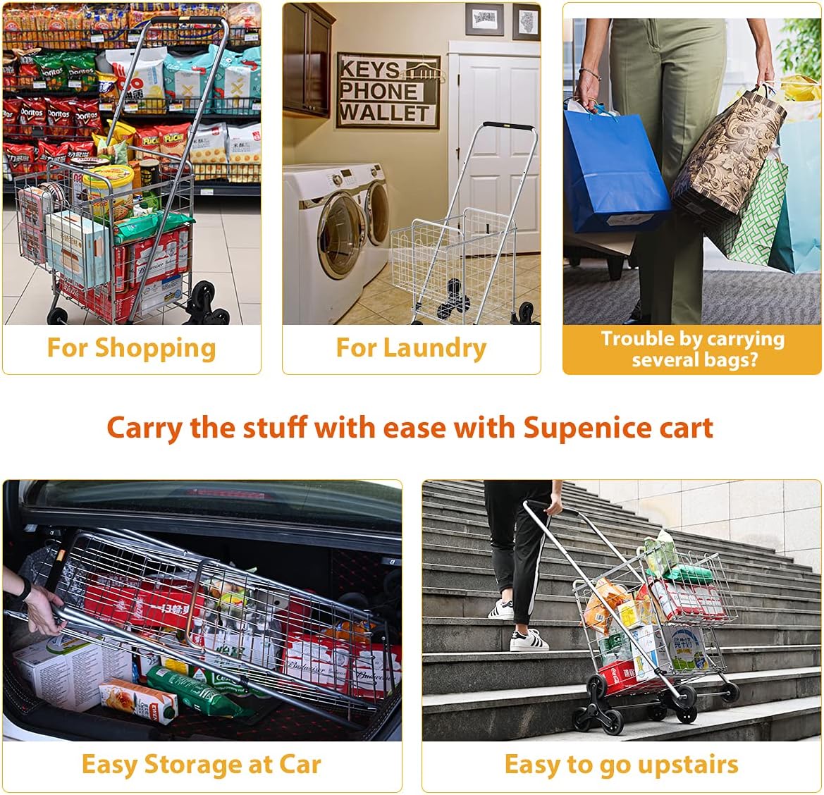 Supenice Grocery Shopping Cart with Wheels Deluxe Stair Climber Utility Cart Easily Collapsible Cart with Tri-Wheels, 66 LBS Capacity, Extended Foam Cover, Trolley for Shopping, Stair, Laundry