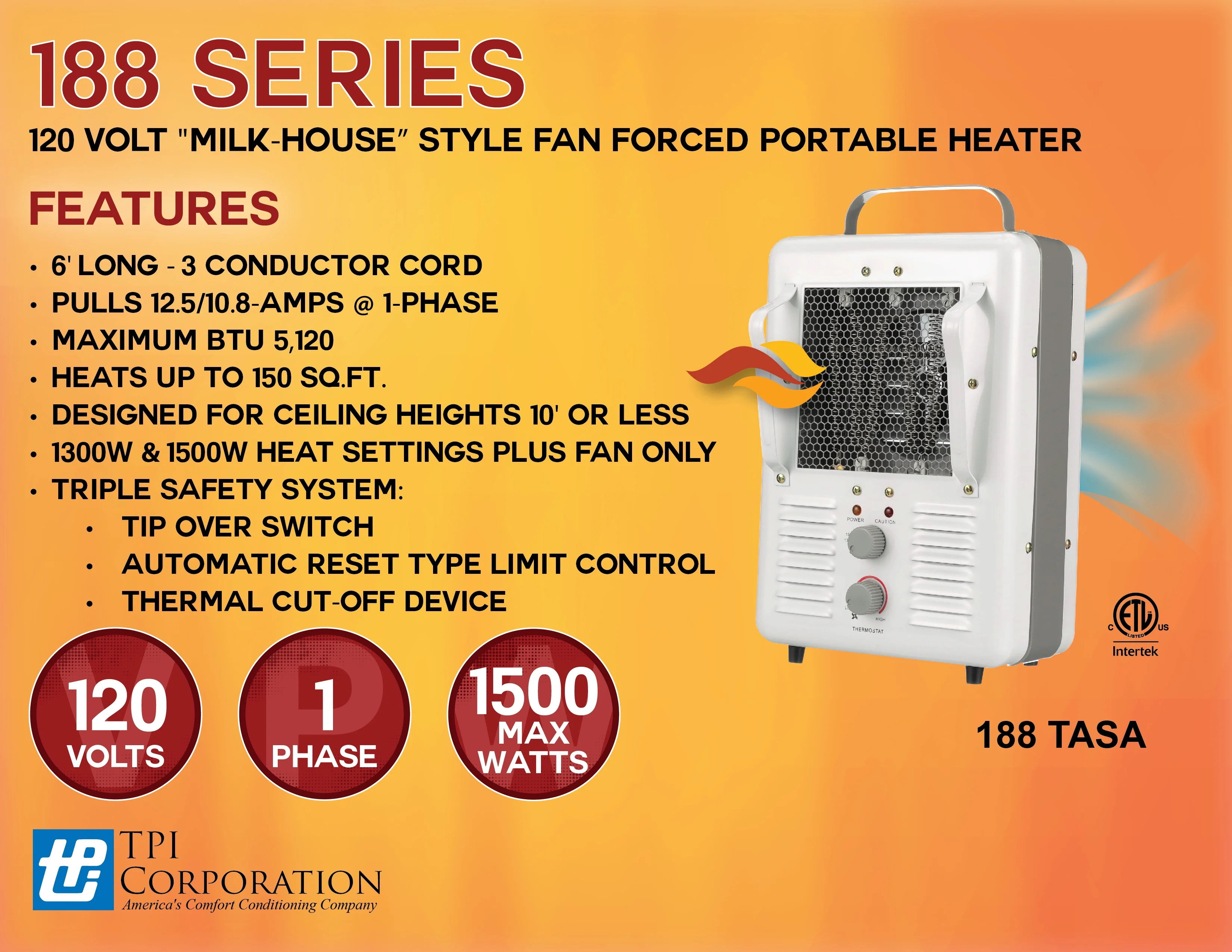 TPI Corp. 188TASA 1PH MILKHOUSE STYLEHEATER FAN FORCED