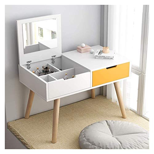 Luxurious Makeup Vanity Desk for Princess's Gift, 2-in-1 Vanity Table with Flip Top Mirror Makeup Dressing Table Mini Writing Desk with Drawers, Makeup Organizers(White Blue-a)