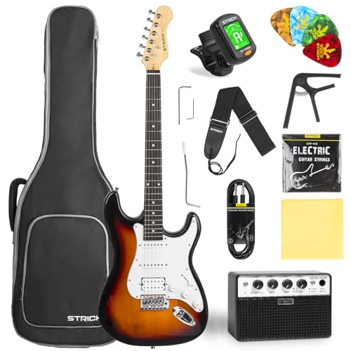 STRICH Electric Guitar Beginner Kit, Solid Body 39" Full Size Electric Guitar HSS Pick Up for Starter, with 10W Amp, Bag, Digital Tuner, Capo, Strap, String,Cable, Picks, SST-S20 Sunburst